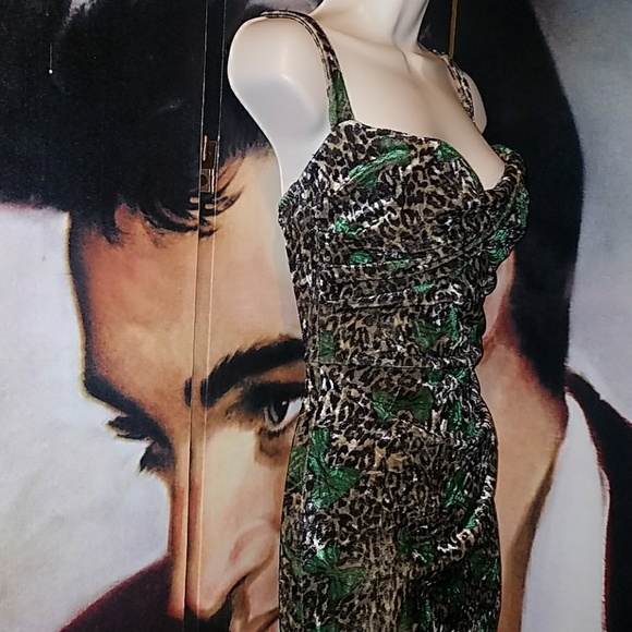 Tatyana Leopard Glam 1950's Pinup Velvet Pencil Halter Dress w Green Bow - Picture 6 of 8